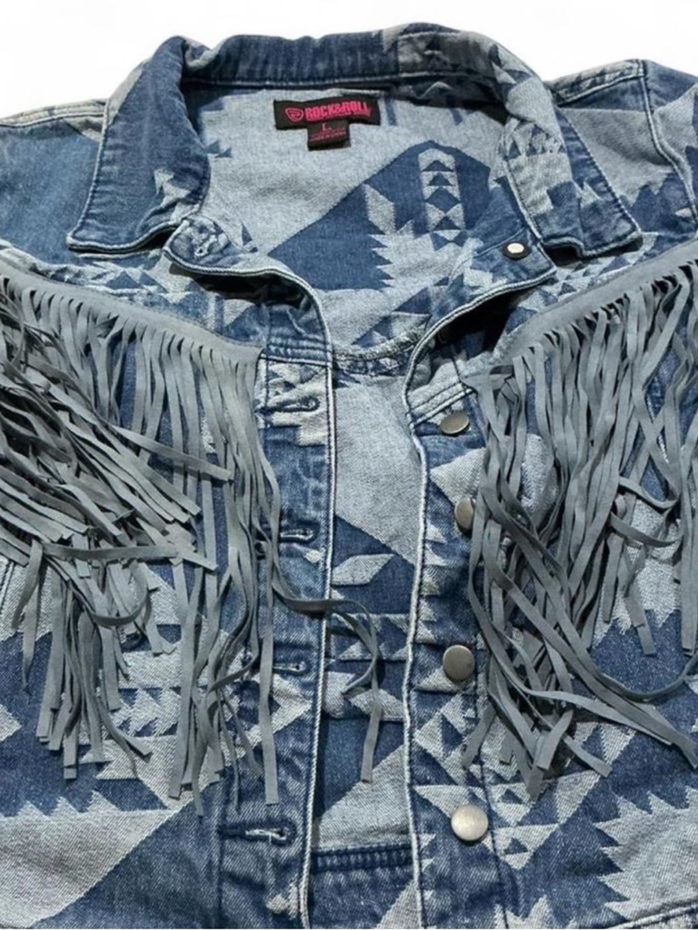 Rock & Roll Denim Aztec Western Fringe Denim Jacket Sz Large Festival Country - Picture 2 of 7